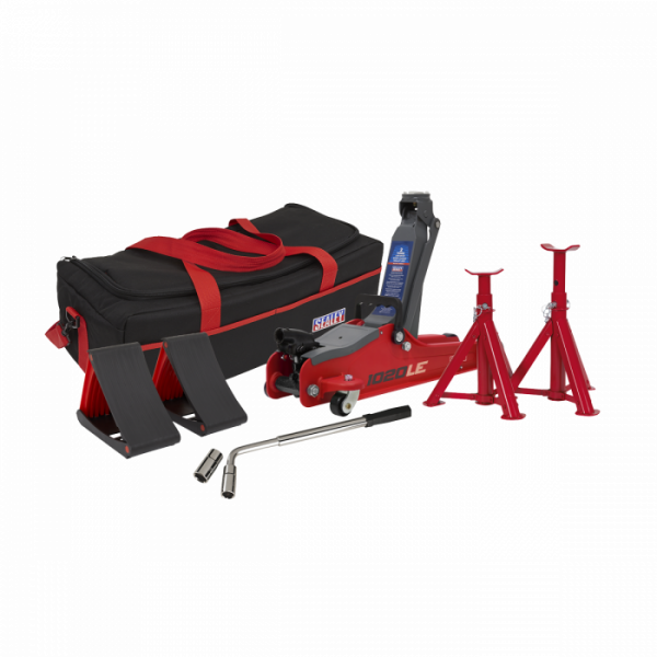 Trolley Jack 2 Tonne Low Entry Short Chassis & Accessories Bag Combo – Red