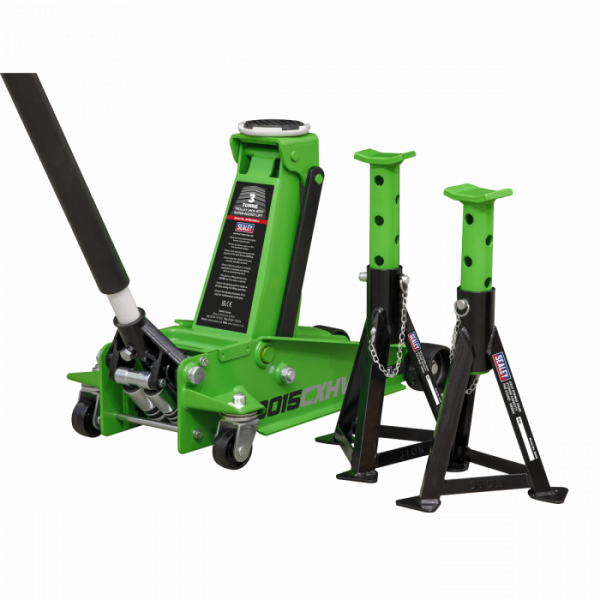 Trolley Jack 3 Tonne with Super Rocket Lift & Axle Stands (Pair) 3 Tonne Capacity per Stand-Hi-Vis