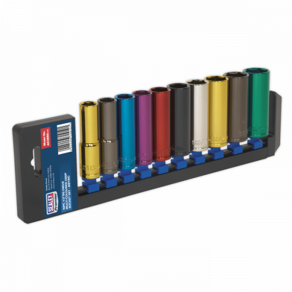 Multi-Coloured Socket Set 10pc 1 / 2″Sq Drive 6pt Deep WallDrive® Metric