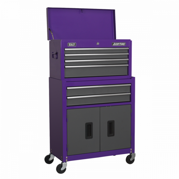 Topchest & Rollcab Combination 6 Drawer with Ball-Bearing Slides – Purple / Grey