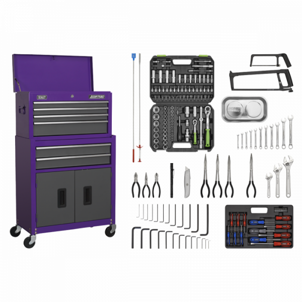 Topchest & Rollcab Combination 6 Drawer with Ball-Bearing Slides – Purple / Grey & 170pc Tool Kit