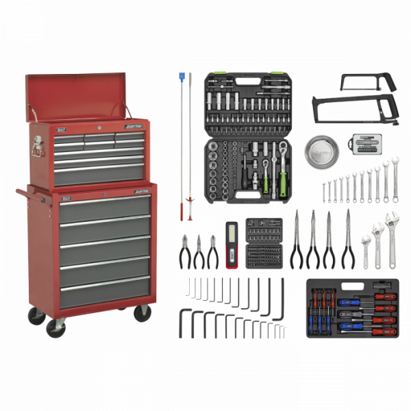 Topchest & Rollcab Combination 14 Drawer with Ball-Bearing Slides – Red / Grey & 281pc Tool Kit