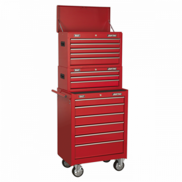 Topchest, Mid-Box Tool Chest & Rollcab 14 Drawer Stack – Red