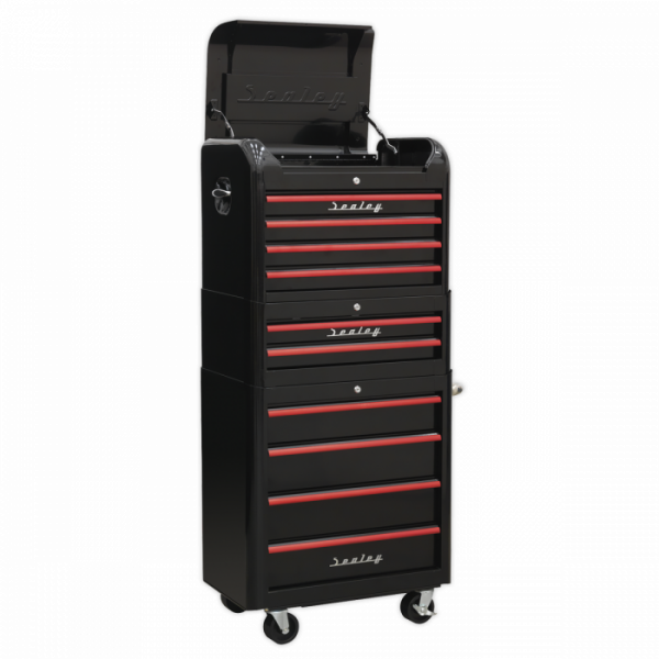 Retro Style Topchest, Mid-Box Tool Chest & Rollcab Combination 10 Drawer – Black with Red Anodised Drawer Pulls