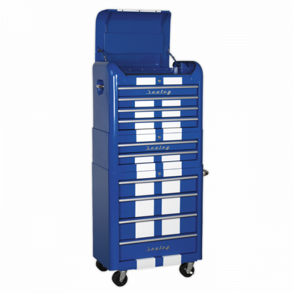 Retro Style Topchest, Mid-Box Tool Chest & Rollcab Combination 10 Drawer Blue / White Stripes