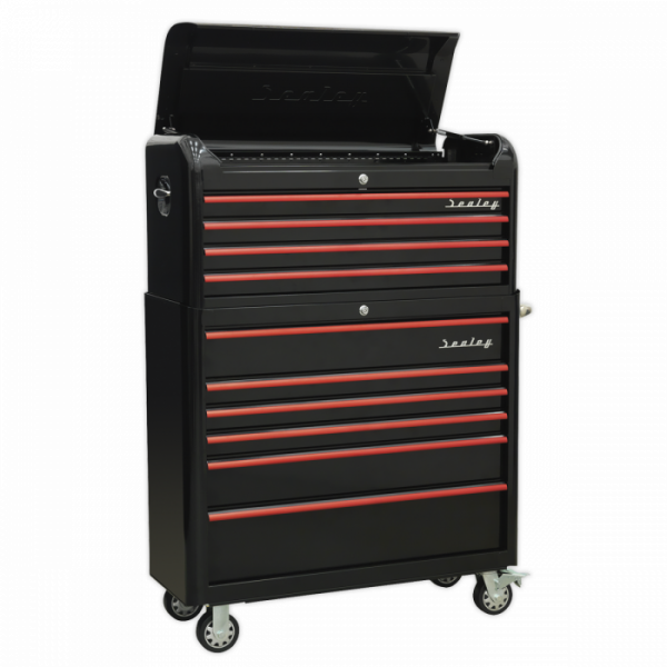 Retro Style Wide Topchest & Rollcab Combination 10 Drawer-Black with Red Anodised Drawer Pulls