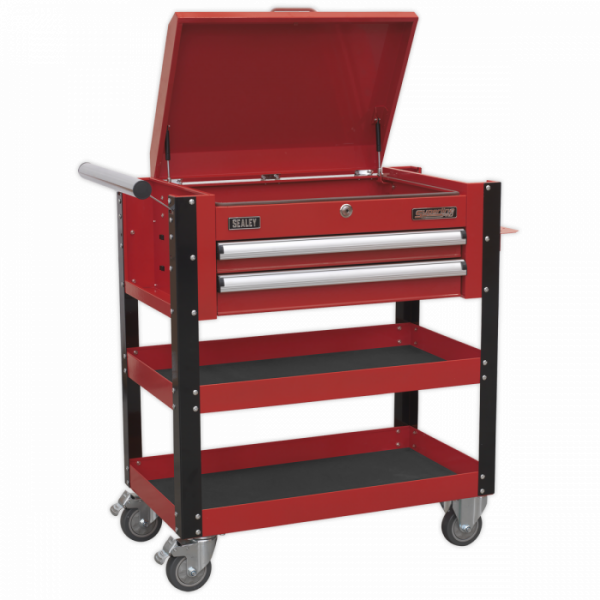 Heavy-Duty Mobile Tool & Parts Trolley 2 Drawers & Lockable Top – Red