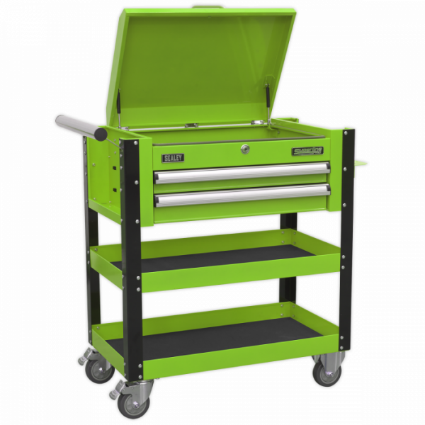 Heavy-Duty Mobile Tool & Parts Trolley 2 Drawers & Lockable Top – Green