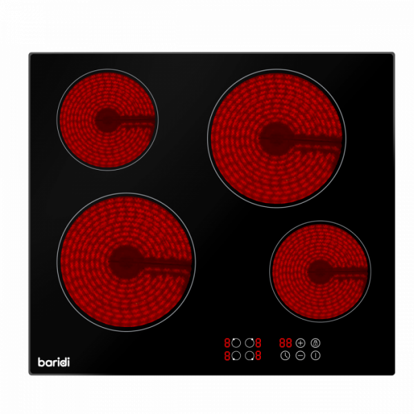 Baridi 60cm Built-In Ceramic Hob 4 Cooking Zones, Black Glass, 6000W with Touch Controls, Timer