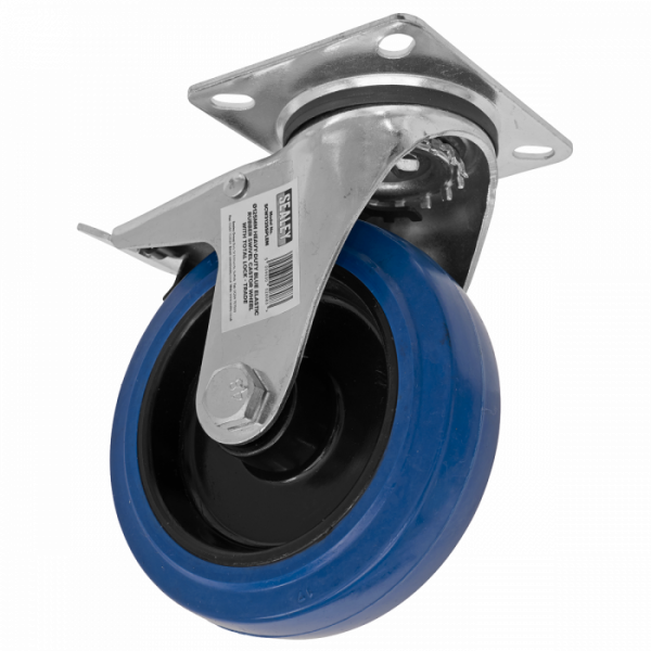 Heavy-Duty Blue Elastic Rubber Swivel Castor Wheel with Total Lock Ø125mm – Trade