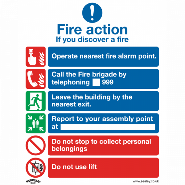 Safe Conditions Safety Sign – Fire Action With Lift – Self-Adhesive Vinyl