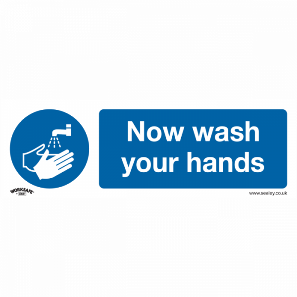 Mandatory Safety Sign – Now Wash Your Hands – Self-Adhesive Vinyl – Pack of 10