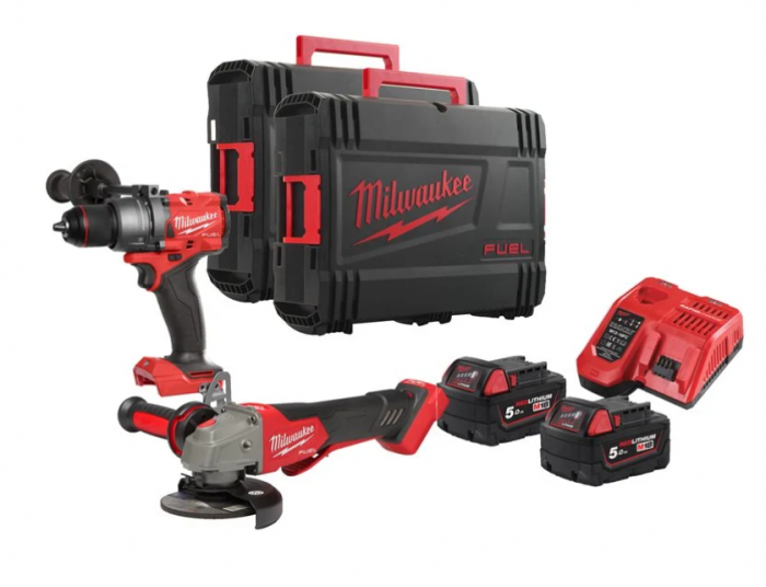 Milwaukee M18FPP2H3-502X 18V Fuel Combi Drill & Angle Grinder Power Pack With 2 x 5Ah batteries, Charger and Case