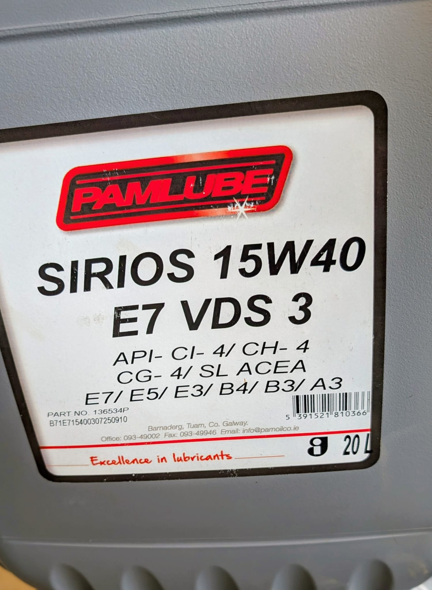 Pamlube 15W40 Sirios VDS 3 E.7 (20ltr)
